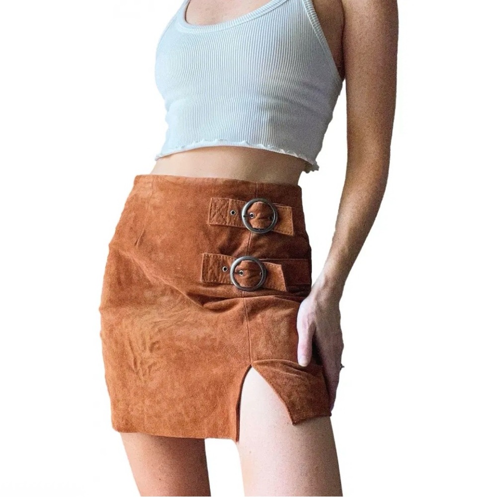 Blank NYC Brown Leather Mini Skirt with Buckle Accents